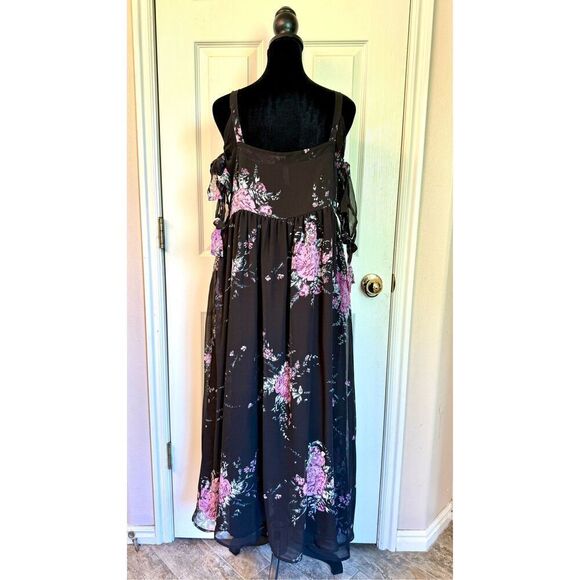 Free People Black Midnight Combo Floral Tied To You Empire Waist Dress Medium - Picture 9 of 11